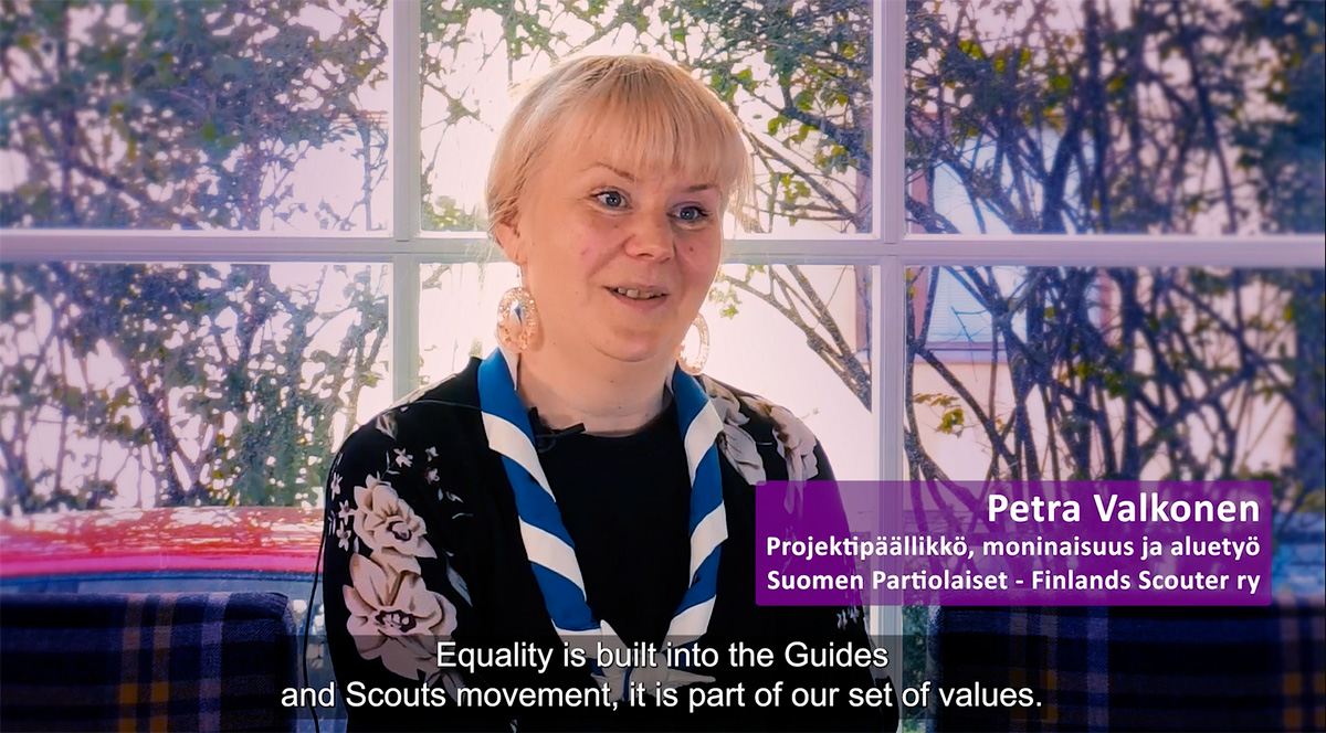 Project Manager Petra Valkonen from the Scouts of Finland says in a screenshot from a video: Equality is built into the Guides and Scouts movement, it is part of our set of values.