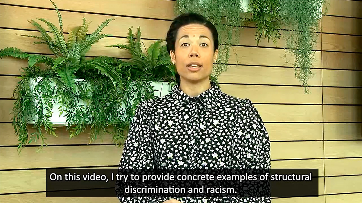 Screenshot from a video. Shadia Rask tells: On this video, I try to provide concrete examples of structural discrimination and racism.